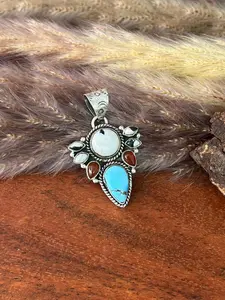 Handmade Sterling Silver Canyon Sunset Collection: Golden Hills Turquoise with White Buffalo and Carnelian Pendant "Signed Nizhoni"
