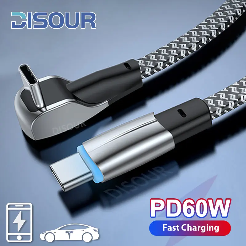 PD 60W Fast Charging Cable Type C To Type C 90 Degree USB C Quick Charger For Tesla Samsung Xiaomi Huawei With Data Transfer