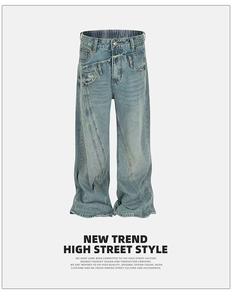 Women's Fashion High-Stretch Cotton Blend Washed Denim Trousers - Lady's Garment with Double Waistband, Loose Straight Wide-Leg Fitted Fit, Pocket, Streetwear Style for Everyday Wear