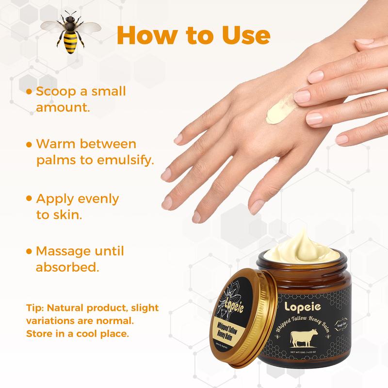 Lopeie Whipped Grass-Fed Beef Tallow Honey Balm - 4 Oz,Moisturizing Cream for Soft, Smooth Skin - Handmade All-Natural Moisturizer - Lavender,hydrating, comfort, moisture boost cream, luminous firming cream, body care, hydrating dry skin