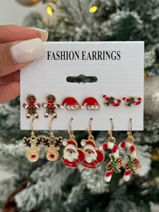 Christmas Earrings Set, 6 Pairs Dripping Oil Christmas Deer Hat Santa Ear Studs, Women's Holiday Party Gift Decoration, Stud Earring Jewelry