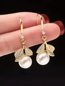 Elegant Vintage Style Leaf Design Imitation Pearl Women Earrings, Fashionable and Unique All Season Faux Pearl Jewelry, Perfect Gift for Her