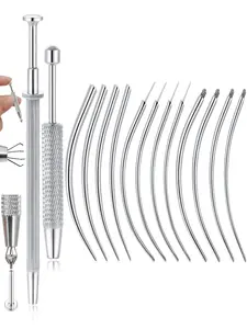 14 Pcs Curved Piercing Taper Tool Set Professional & Complete Surgical Stainless Steel Multi-Gauge Curved Taper Needles + Ball Grabber Tool For Septum Piercing Body Piercing Artists Beginners Studio Use Gift