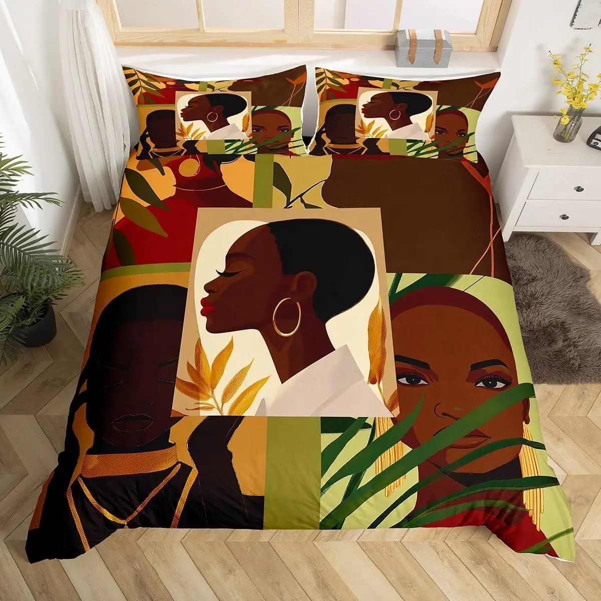 African Women Duvet Cover,Modern Art Leaves Bedding Set for Kids Teens Adult Room Decor,Abstract Geometric Plaid Patchwork Comforter Cover Colorful Exotic Tribal Quilt Cover