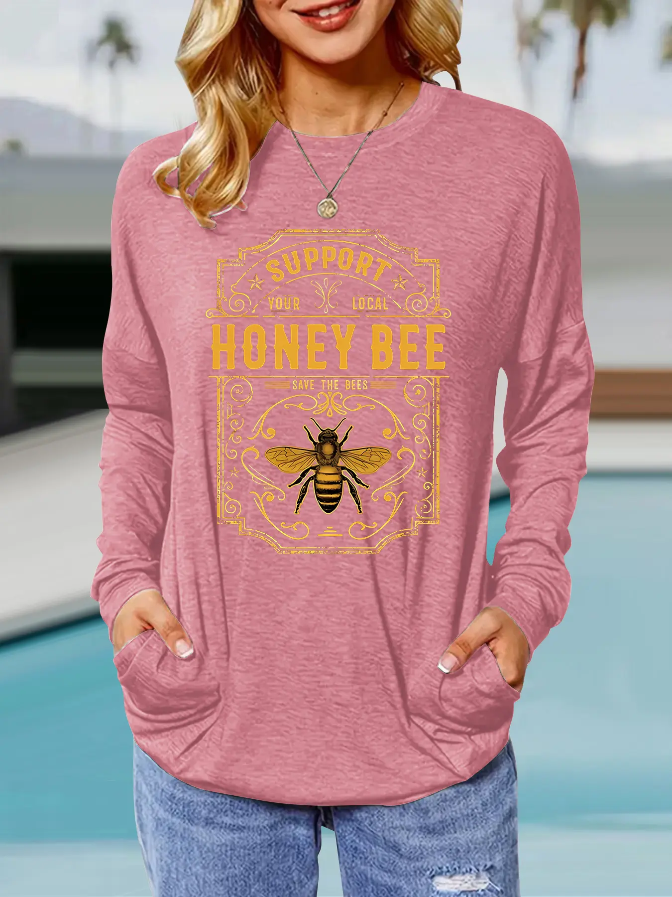 Women's Casual Everyday Loose-Fit Long Sleeve Pullover Sweatshirt Top, Round Neck Bee Print Design, Comfortable, Soft, Breathable & Knit Fabric for Spring Fall Seasons