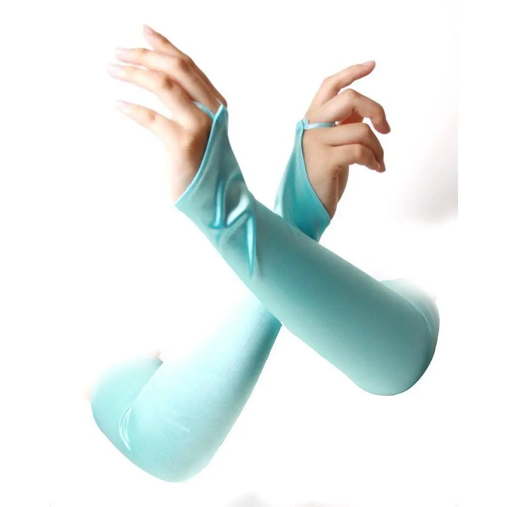 12 PACK Satin Gauntlet Fingerless Gloves Light Blue 18" 5089