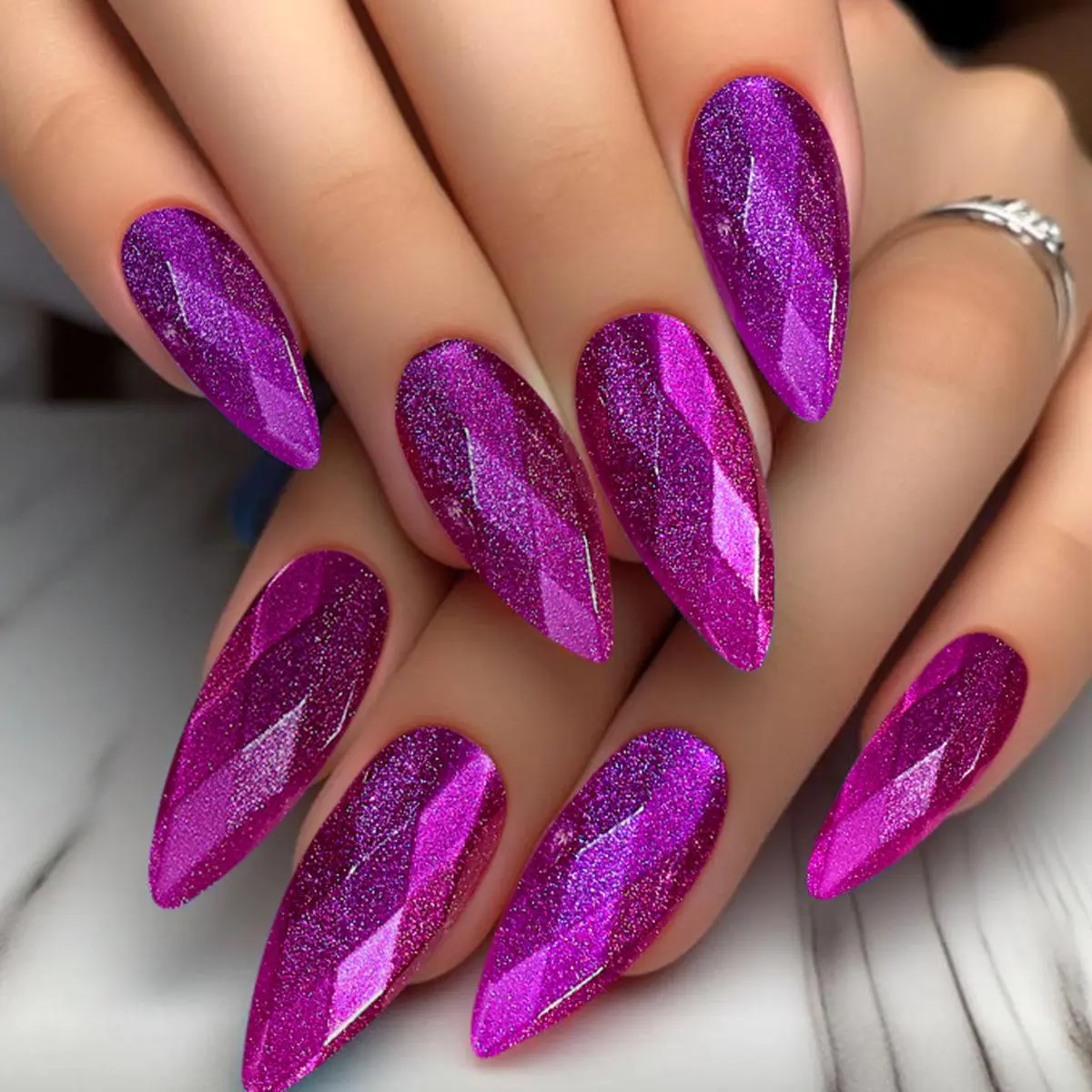 3D fake nails for women girls Sparkling shimmer rhombus design with pure yellow red purple rose almond tips press on false nail