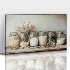 Kitchen Canvas Wall Art, Farm Rustic Vintage Mason Jar Spice Culinary Painting Pictures for Home Wall Decor, Framed Farmhouse Still Life Landscape Prints Posters for Living Room Artwork