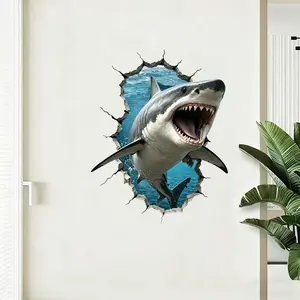 1Pcs Terrifying Shark Breakthrough Wall Hole Wall Sticker for Creative Decoration of Home Doors, Windows, and Walls PVC Self Adhesive Marine Animal Theme Shark Pattern Decals Gift