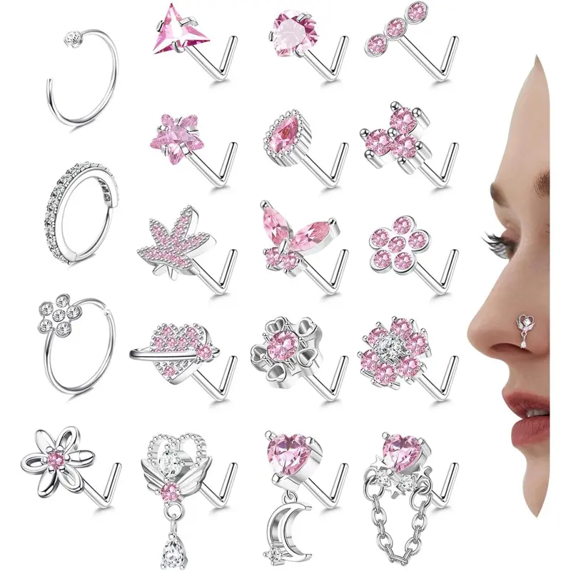 Women's 19-Pcs 20G (0.8mm) L-Shaped Hypoallergenic Nickel-Free Stainless Steel Nose Ring Jewelry Set - Cubic Zirconia Butterfly, Heart, Flower Designs, Non-Tarnish, 7mm, Ideal for Birthday Gifts