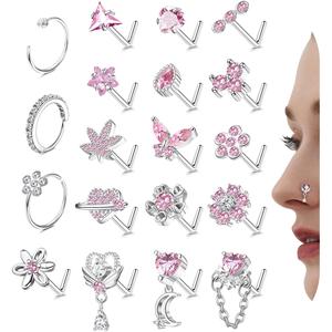 Women's 20G L-Shaped Hypoallergenic Stainless Steel Nose Jewelry - Butterfly Flower Nose Studs, Cubic Zirconia Hoops - Dainty Romantic Gemstone Piercing Body Accessories, Dainty Body Jewelry