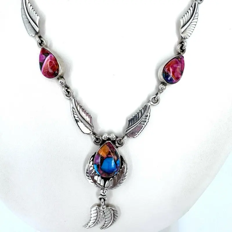 925 Sterling  Silver and Pink Dahlia Natural Stone Necklace 19” Length