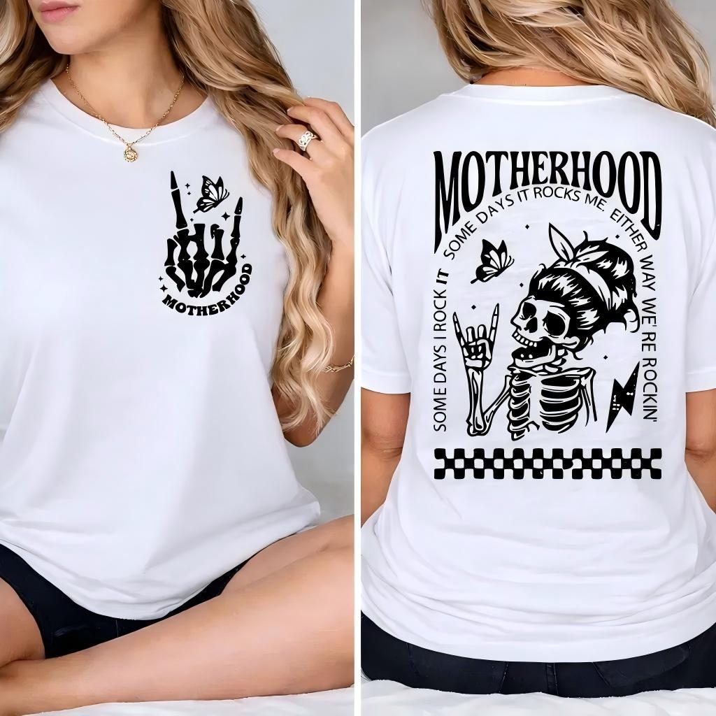 "Motherhood: Sometimes I Rock It, Sometimes It Rocks Me" shirt – a perfect unisex cotton tee or sweatshirt for moms, great for Mother's Day! Casual T-shirt