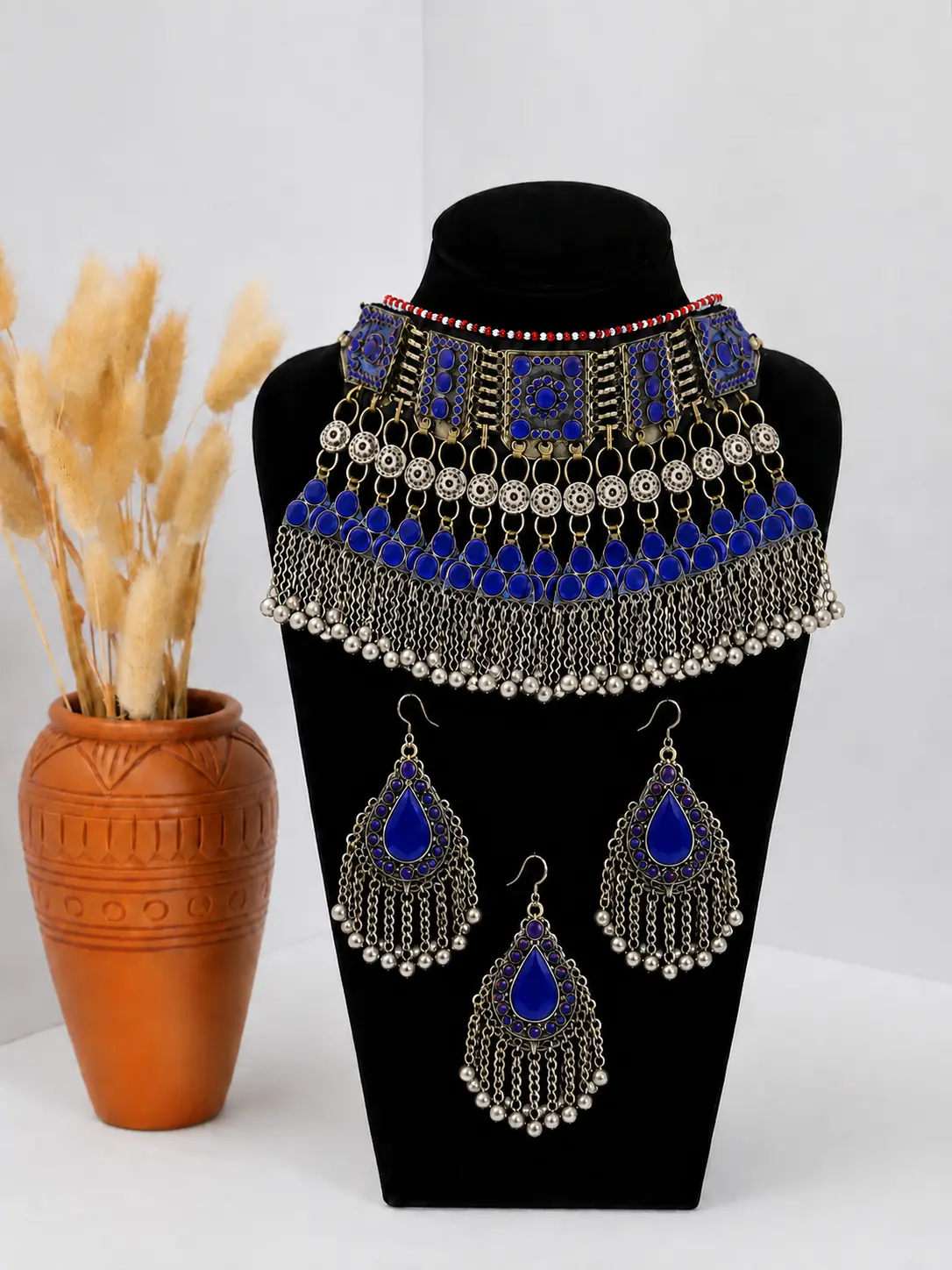 Women's Silver-Tone Traditional Afghan Kuchi 3-Piece Costume Jewelry Set - Necklace, Earrings for Weddings, Eid
