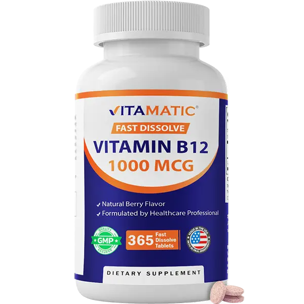 Vitamatic High Absorbable B12 1000 mcg Dietary Nutrition Supplement for Adults - 365 Fast Dissolve Tabs, Dye-Free, GMO-Free, General Wellness Support for Metabolism & Energy Boost