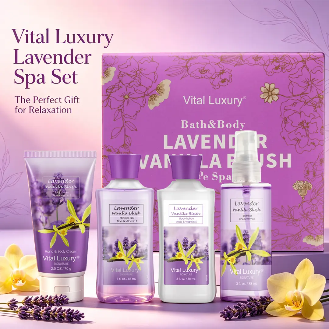 Mother's Day Gift-Vital Luxury Lavender vanilla Bath &Body mini gift set- 3oz Shower Gel, 3oz Body Lotion, 3oz Body Mist ,2.5oz Body Cream| Fresh lavender scent scent ,on-the-go fragrance & cleansing kit | | Ideal Gift for Mom, Wife, Sister & Girlfriend