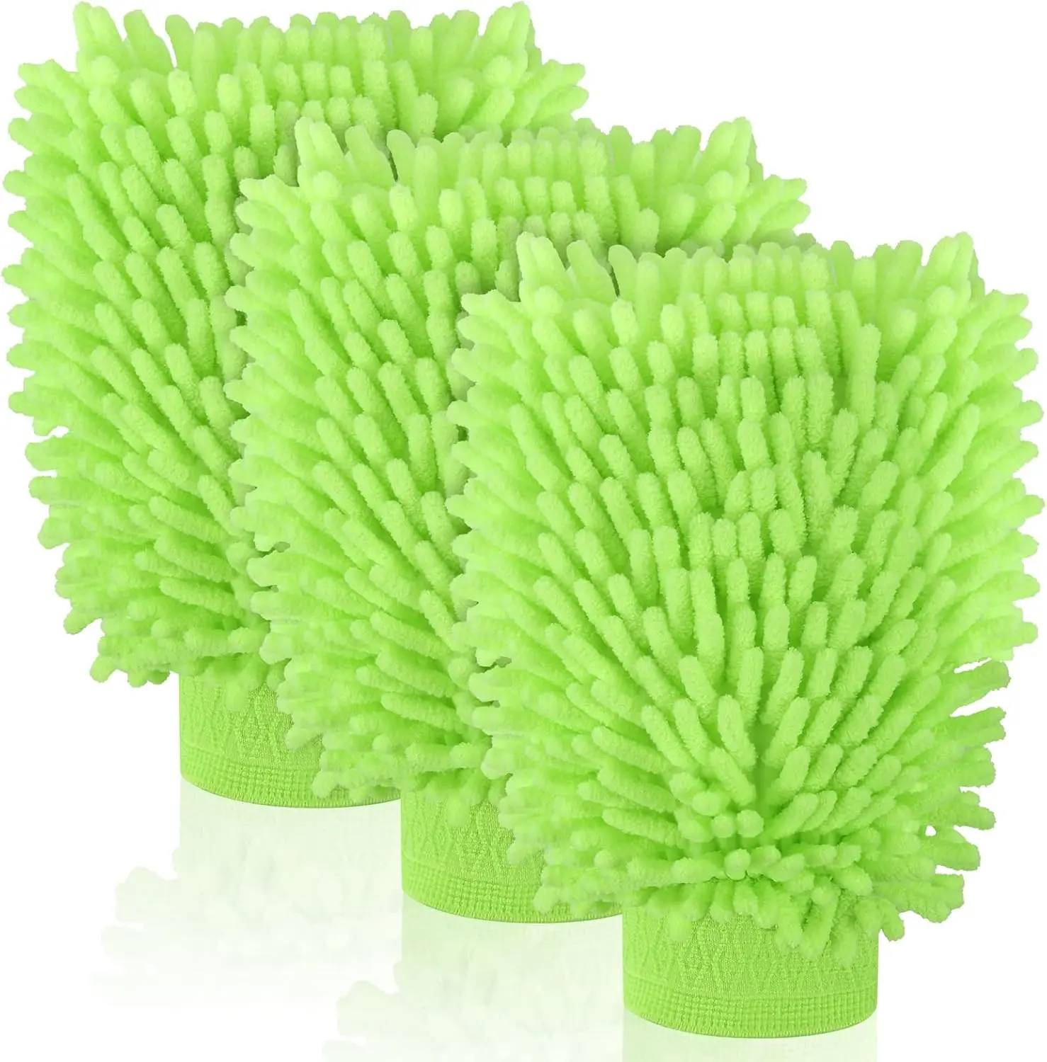 3 Pack Chenille Microfiber  Wash Mitt, 7" x 9.6"  Washing Mitts,  Dusting Gloves, Scratch Free Lint-Free, Highly Absorbent, Double Sided, for Cleaning Detailing Polish (Green)