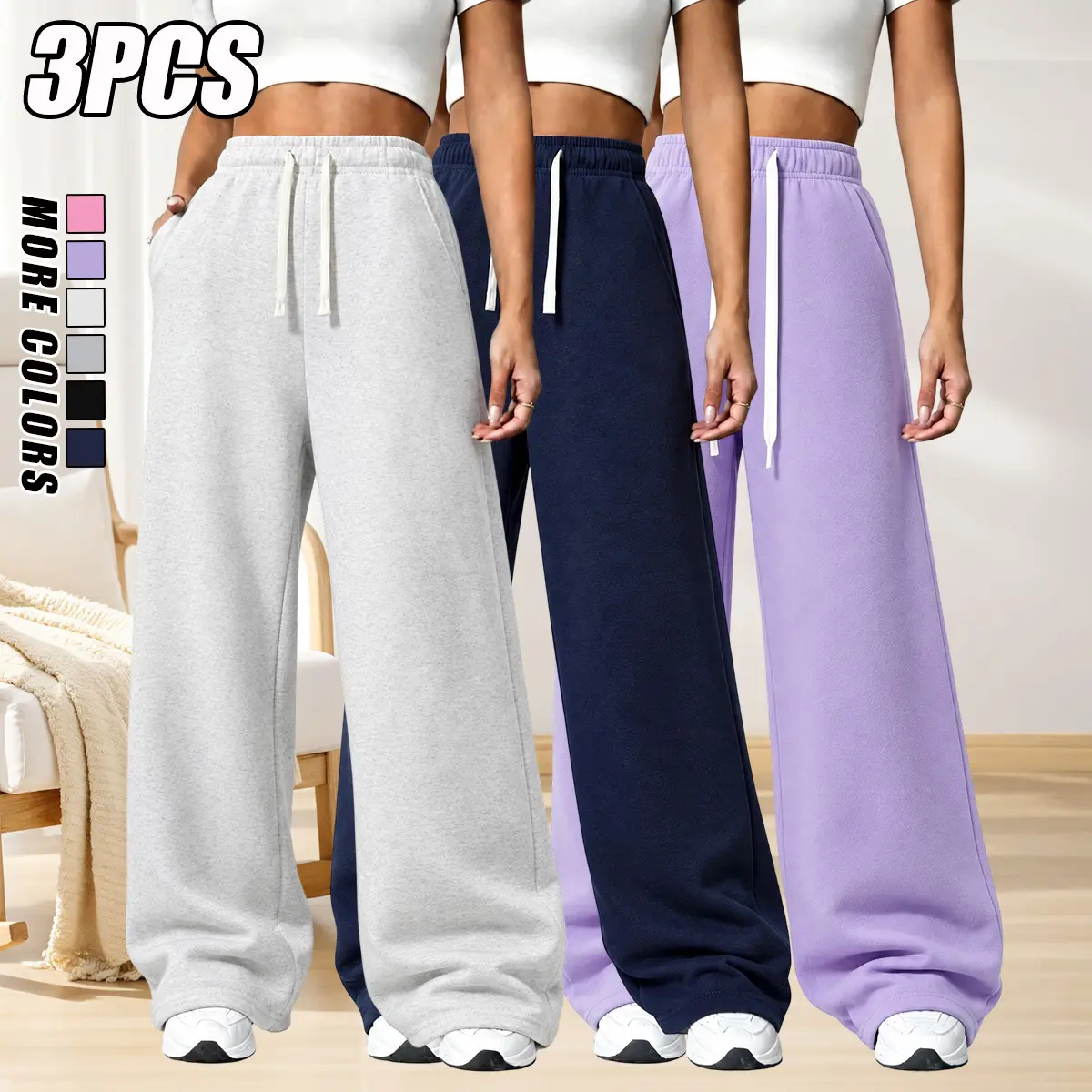 Women’s 3-pack wide-leg pants — 100% polyester, high-waisted design, warm and comfortable for autumn and winter.Doesn't shed hair, machine washable.Drawstring included, loose fit, side pockets.Perfect for home use