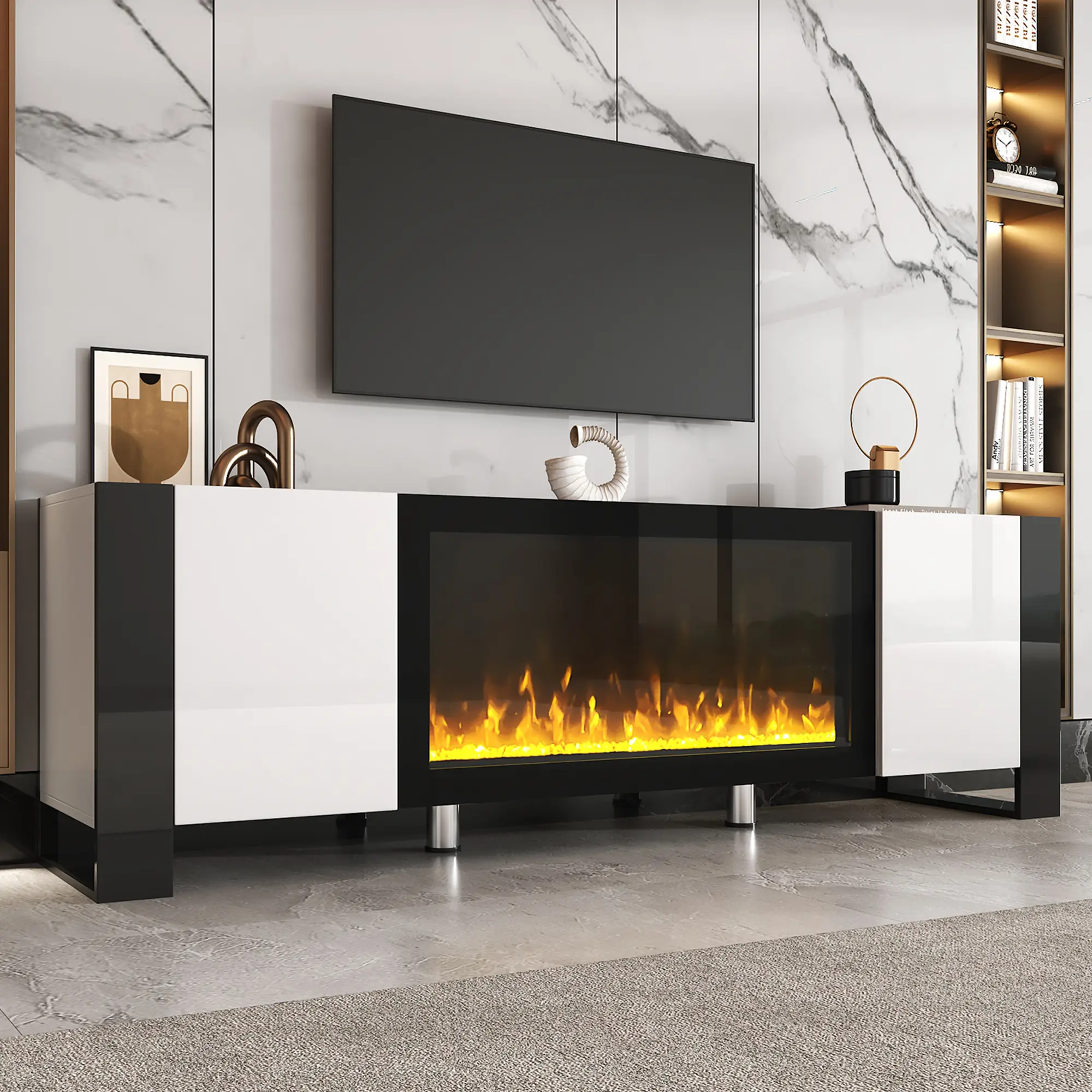 Bellemave TV Stand, On-Trend Modern High Gloss Entertainment Center with 34.2" Non-Heating Electric Fireplace, 2 Cabinets, Media Console for TVs Up to 78", Minimalist Tv Stand, Tv Console Table