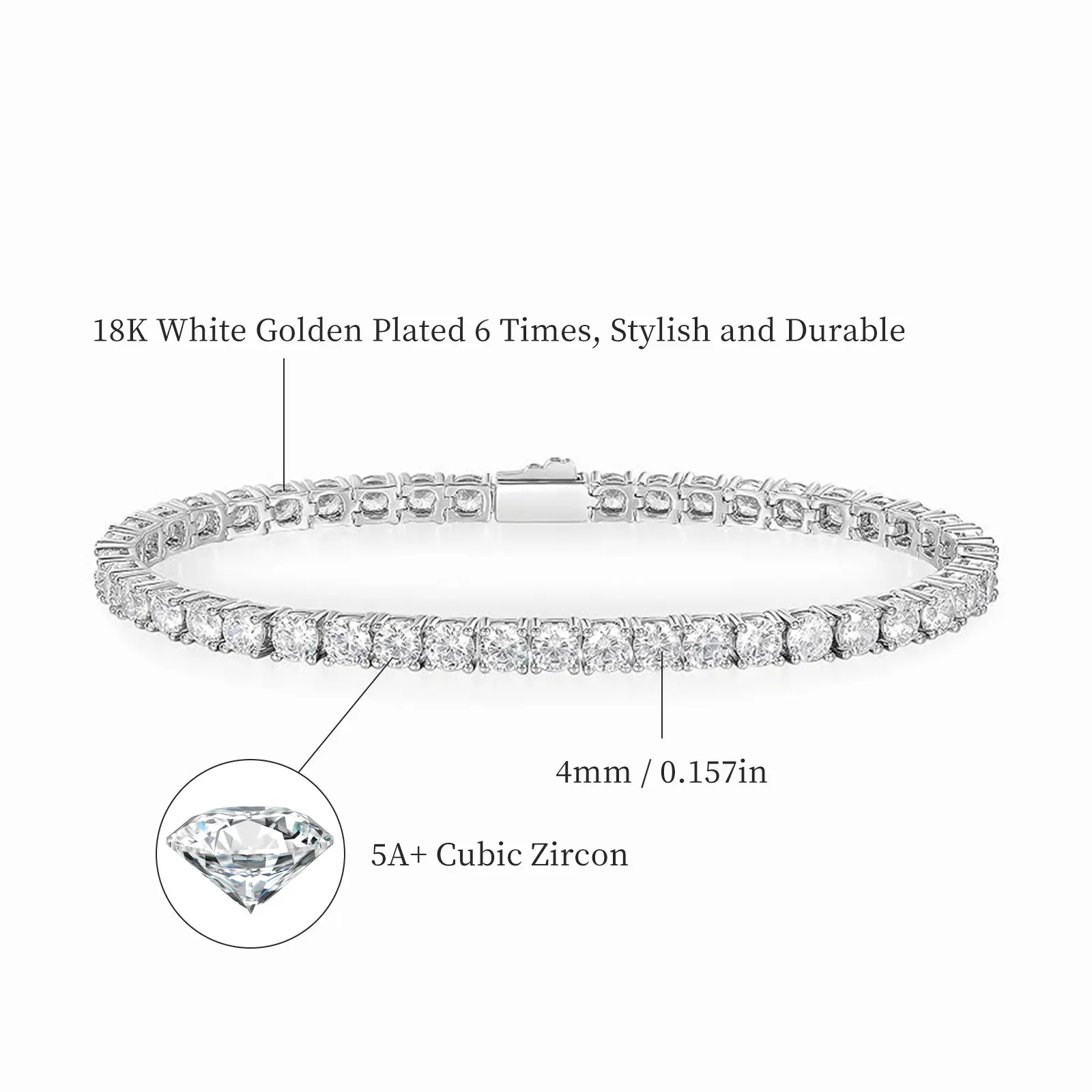 Gemsme 3/4/5mm Tennis Bracelet, 18k White Gold Plated 3MM/4MM/5MM Iced Out Round Cubic Zirconia Tennis Bracelet for Women Men 6.5/7/7.5 Inches BC-26373