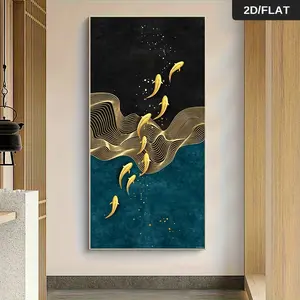 Modern Light Luxury Abstract Golden Line Wave Nine Fish Painting New Chinese Feng Shui Wealth Attracting Living RoomDecorative Painting Unframed Canvas Wall Art for Study Room 2D Flat Wall Art