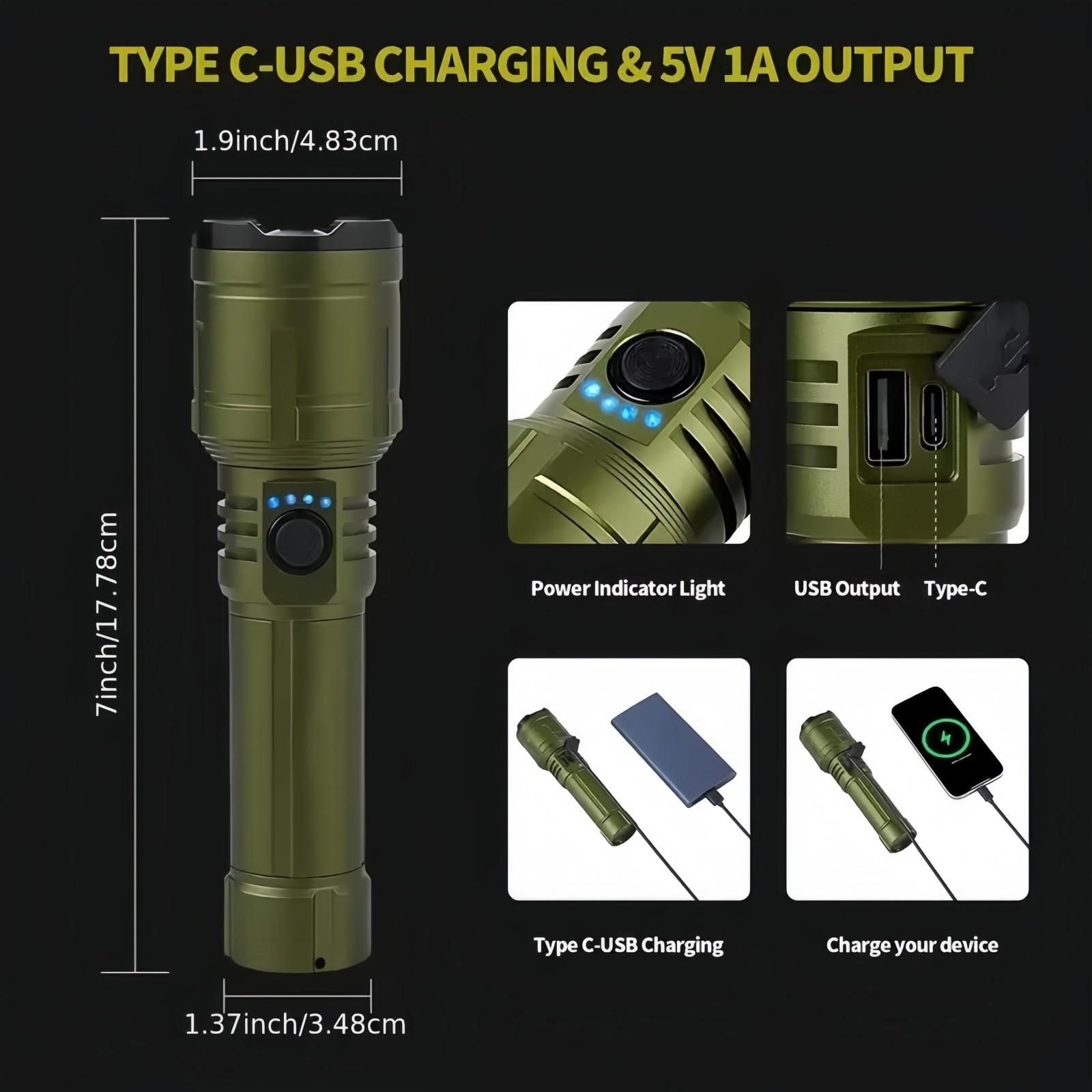 High-Lumen Pocket LED Flashlight – Aircraft-Grade Aluminum, IPX6 Waterproof, Zoomable Focus Beam, 5 Modes Rechargeable Tactical Light for Fishing, Camping & Emergency