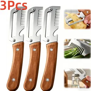 3-Pack Wooden Handle Vegetable Veggie Peeler, Stainless Steel Wide Blade, Multi-Function Peeler with Onion Slicer & Bottle Opener, Kitchen Tool