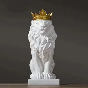 Nordic Lion Sculpture Statue Ornament Animal Artwork Living Room European Style Modern Home Decoration Gold Crown King of Beasts Leader Energy Home Decor Gift Decorative Figurines