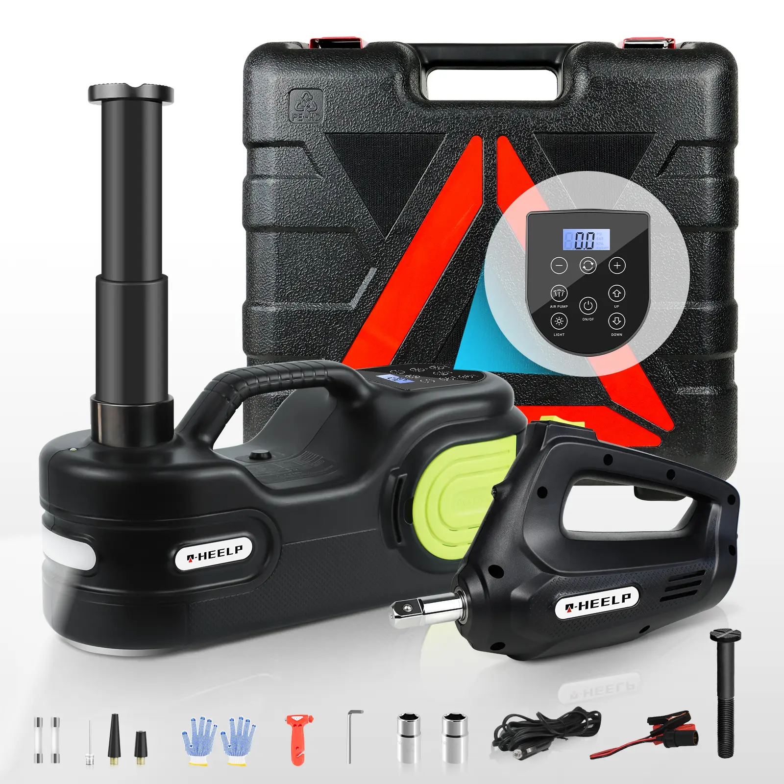 E-HEELP Electric Car Jack Kit 5T 12V Hydraulic Tire Jack with Double Cylinder Air Pump & LCD Touch Screen & Impact Wrench Portable Car Lift for Tire Changes and Roadside Emergencies