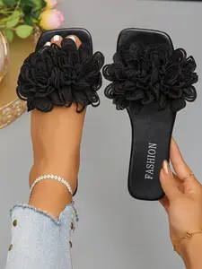 Women's Wide Width Flat Sandals, European Style Open Toe Design, Floral Details, Fabric Material, Lightweight Breathable Sandals, Perfect for Beach and Outdoor