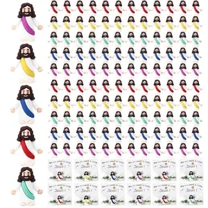 100 Sets Little Jesus Figurines Bulk Easter Mini Jesus Figurines Set with 100 Prayer Cards and 100 Bags for Hide and Seek Religious Party Favors, Church, Baptism Gifts Stuffers for Sunday School