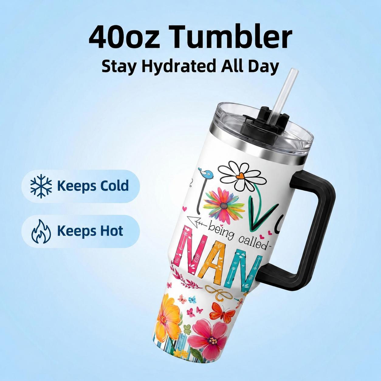 GuLuBoo Love Nana 40oz (1,000-2,000 ml) Stainless Steel Floral Letters Vacuum Flask - Leak-Proof, Anti-Scalding Tumbler with Straw & Handle, Cup Holder Friendly & Easy Carry, Girls' Garden/Gym Daily Coffee Drinkware, Ideal Family Gift