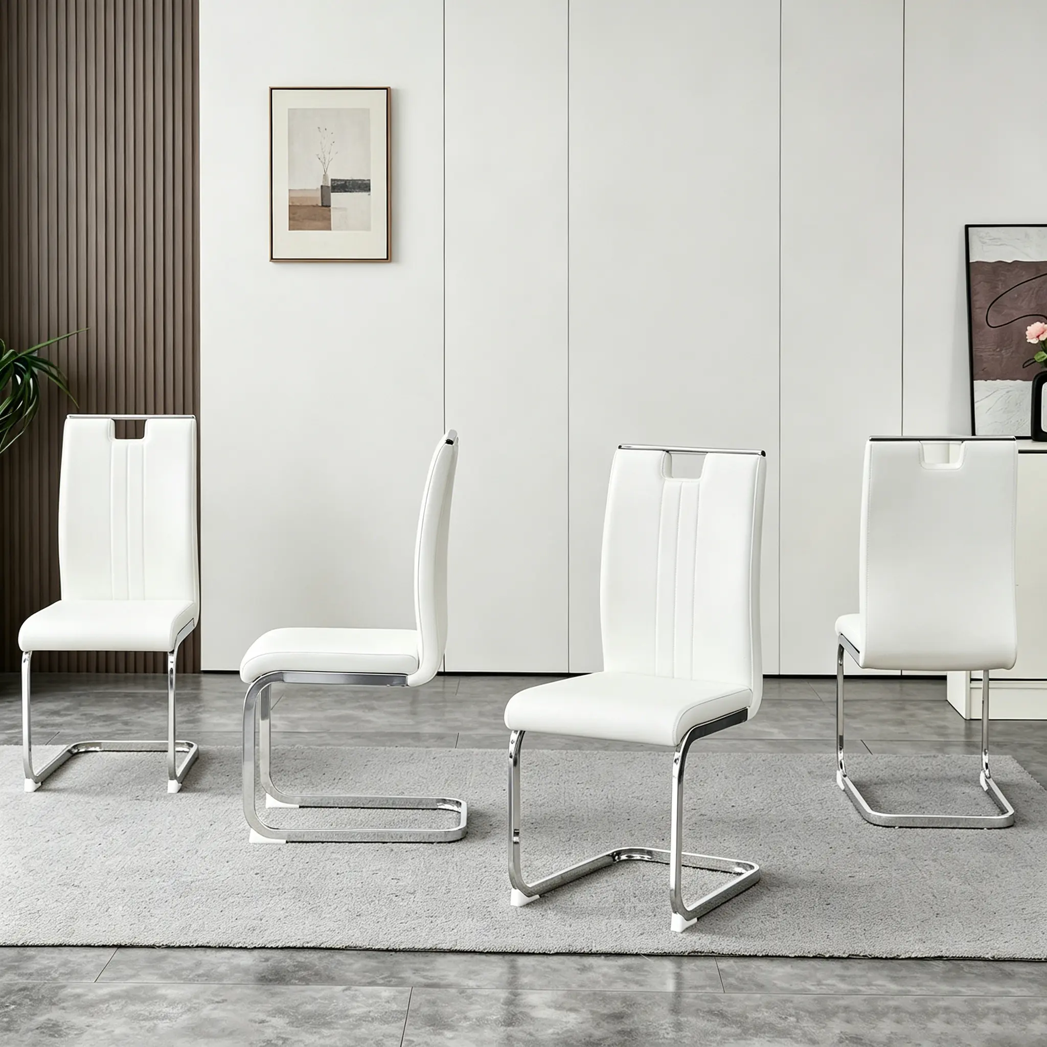 4-Piece Armless White Modern Dining Chairs - PU Leather, Ergonomic Bow-Shaped Backrest, Durable Comfortable Cushion, Easy Assembly with Guide, Fire Safety Label, Accent Chairs for Dining Room, Kitchen (White+Silver)