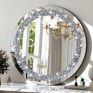 Crushed Diamond Round Glass Wall Mirror, 20x20inch Wall Decoration Hanging Mirror, Mirror Vanity Home Decor, True Mirrors at Home, Suitable for Living Room, Bedroom, Vanity, Dressing Room Mirror