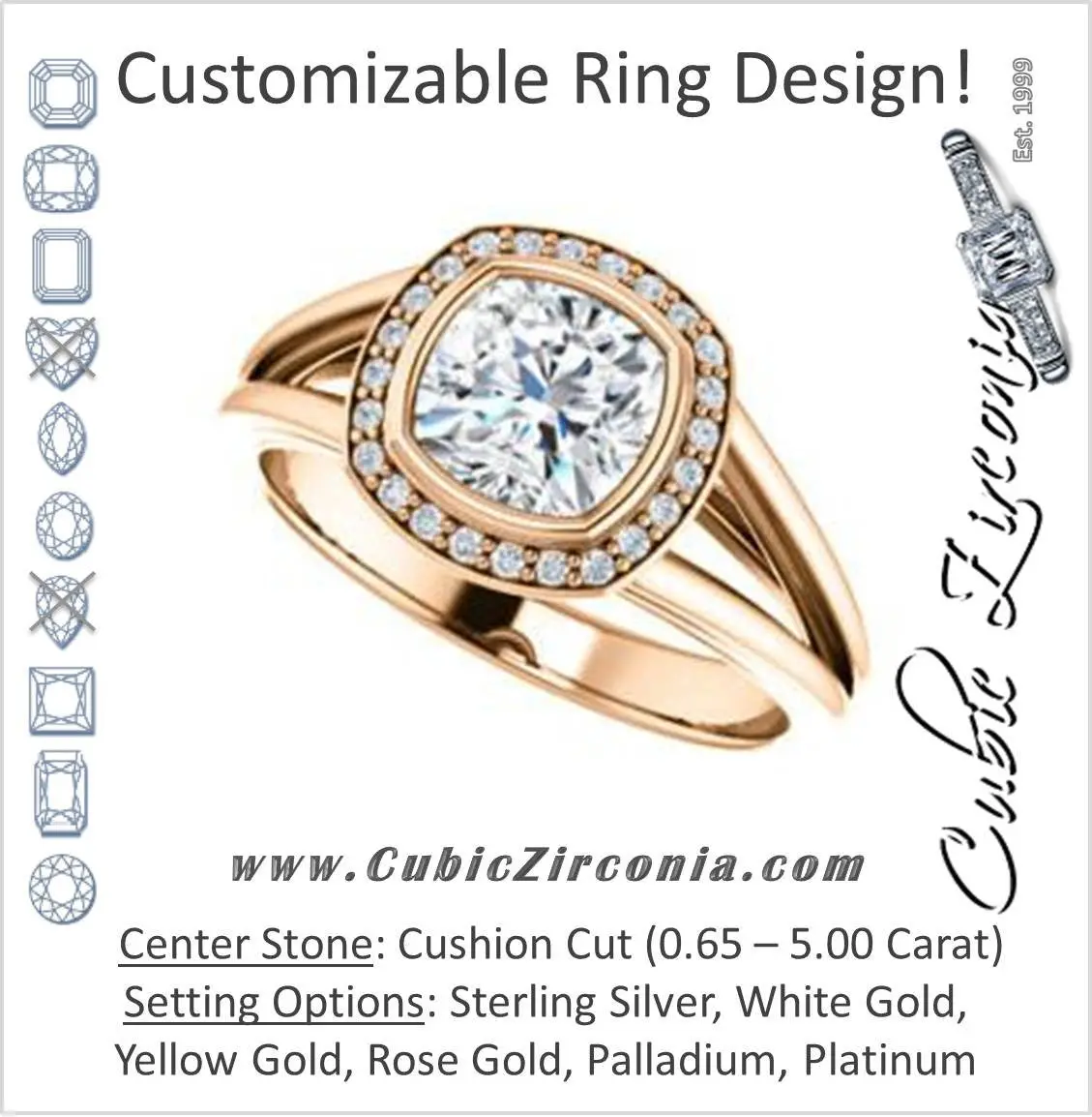 Cubic Zirconia Engagement Ring- The Mackenzie (Customizable Cushion Cut Bezel-set Split band with Halo)