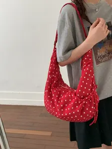 Large Capacity Canvas Bag, Wrinkled Plaid Nylon Backpack, Commuter Shoulder Crossbody Bag, Polka Dot Pattern, Ideal for Daily Use