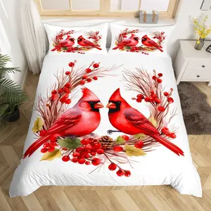 Red Cardinals Luxury Quilt Cover,Pine Cones Cute Birds Duvet Cover,Romantic Love Bedspread Cover,Room Decorations Quilt Cover,No Comforter