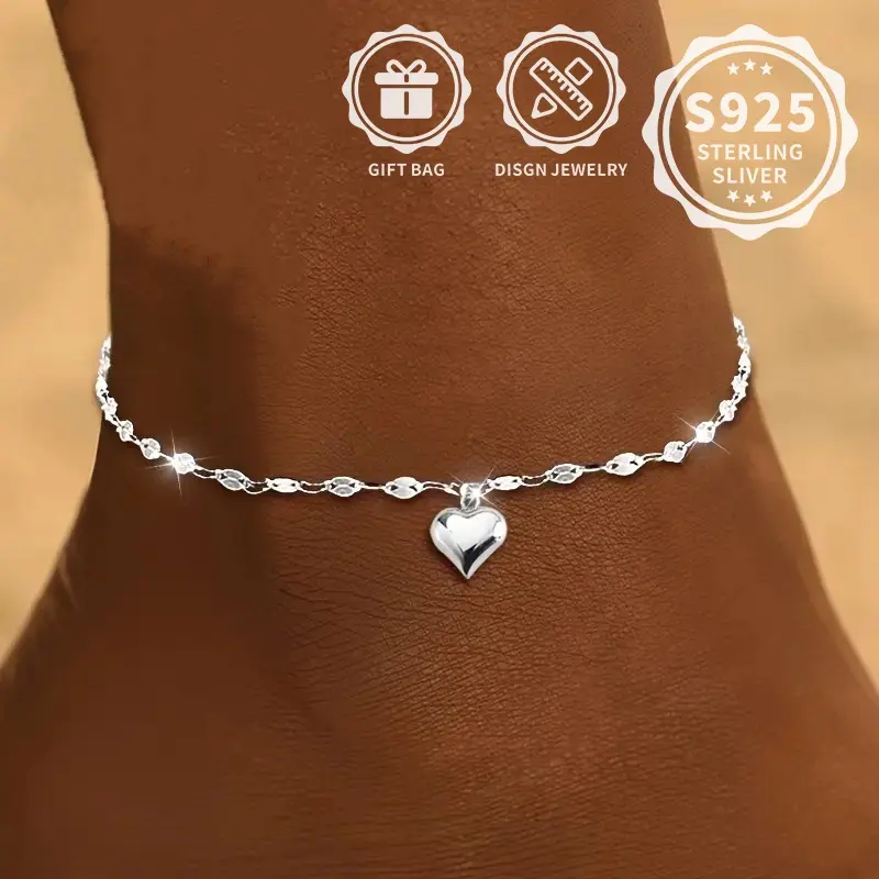 Women's Anklet S925 Sterling Silver, Love Anklet, Elegant and Simple Design, Suitable for Daily Wear, Hypo-Allergy