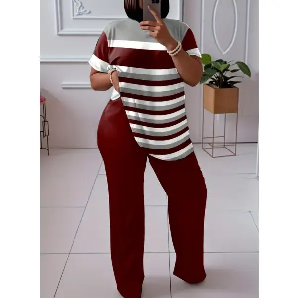 Plus Size Women 2 Piece Casual Outfit, Striped Short Sleeve Tunic Top & Solid Burgundy Wide Leg Pants Relaxed Curvy Loungewear Matching Set