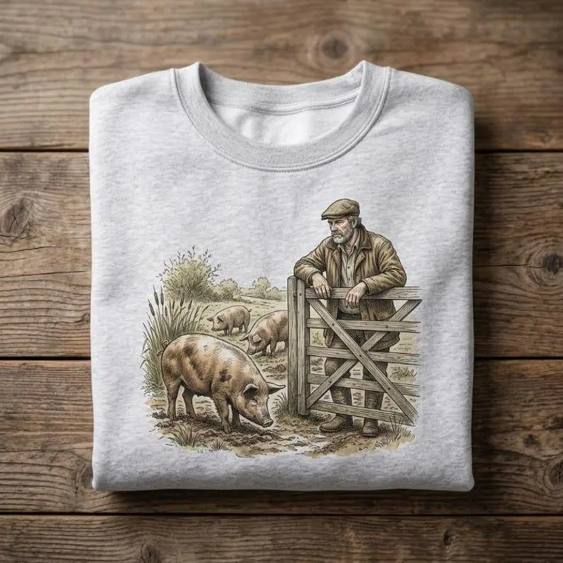 Vintage Shirt Farmer Sweatshirt Cute Pig Tee Retro Farmhouse Hoodie Country Rancher Graphic Pullover Unisex Homestead Gift For Grandpa