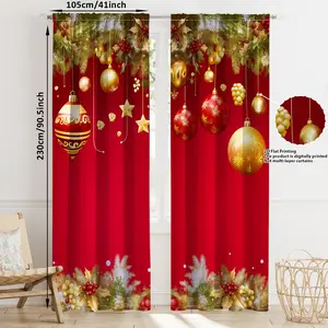 2pcs Christmas Theme Curtains, Background with Balls, Festive Decor for Living Room Bedroom, Easy Installation Rod Pocket Style, Home Decoration Curtain