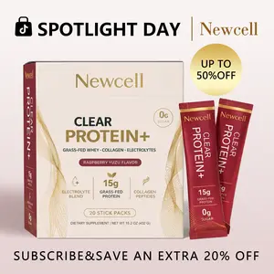 Newcell  Clear Protein+ | 15g Grass Fed Whey, Collagen, & Electrolytes Protein | Rasberry Yuzu Flavor| 20 Stick Packs Edible Dietary Supplement Healthcare Fitness Muscle Optimum Fiber