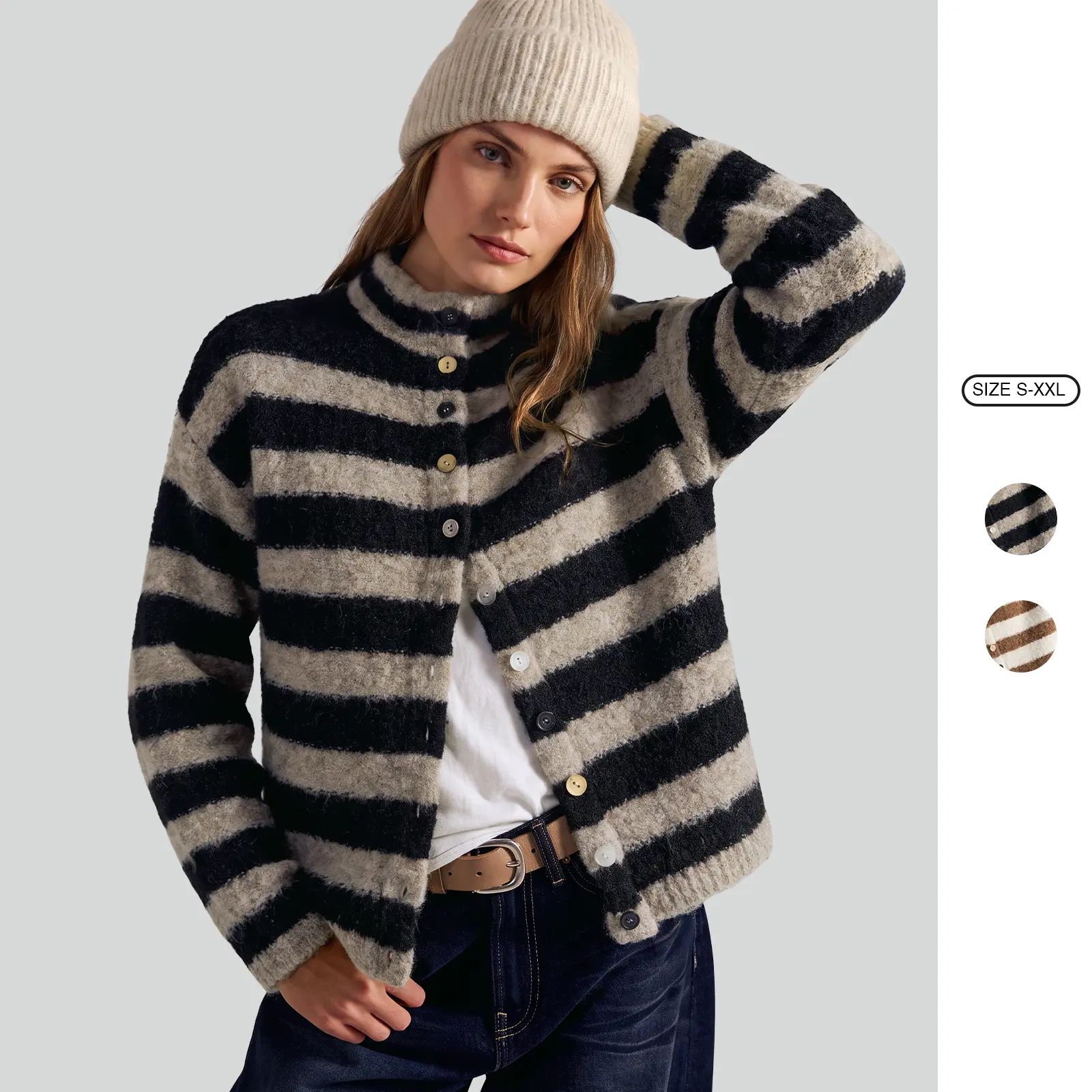 Imily Bela Women’s Fuzzy Striped Cardigan Sweater, High Stand Collar Button Down Long Sleeve Knit Jacket, Oversized Cozy Teddy Pullover Top for Fall Winter Casual Wear
