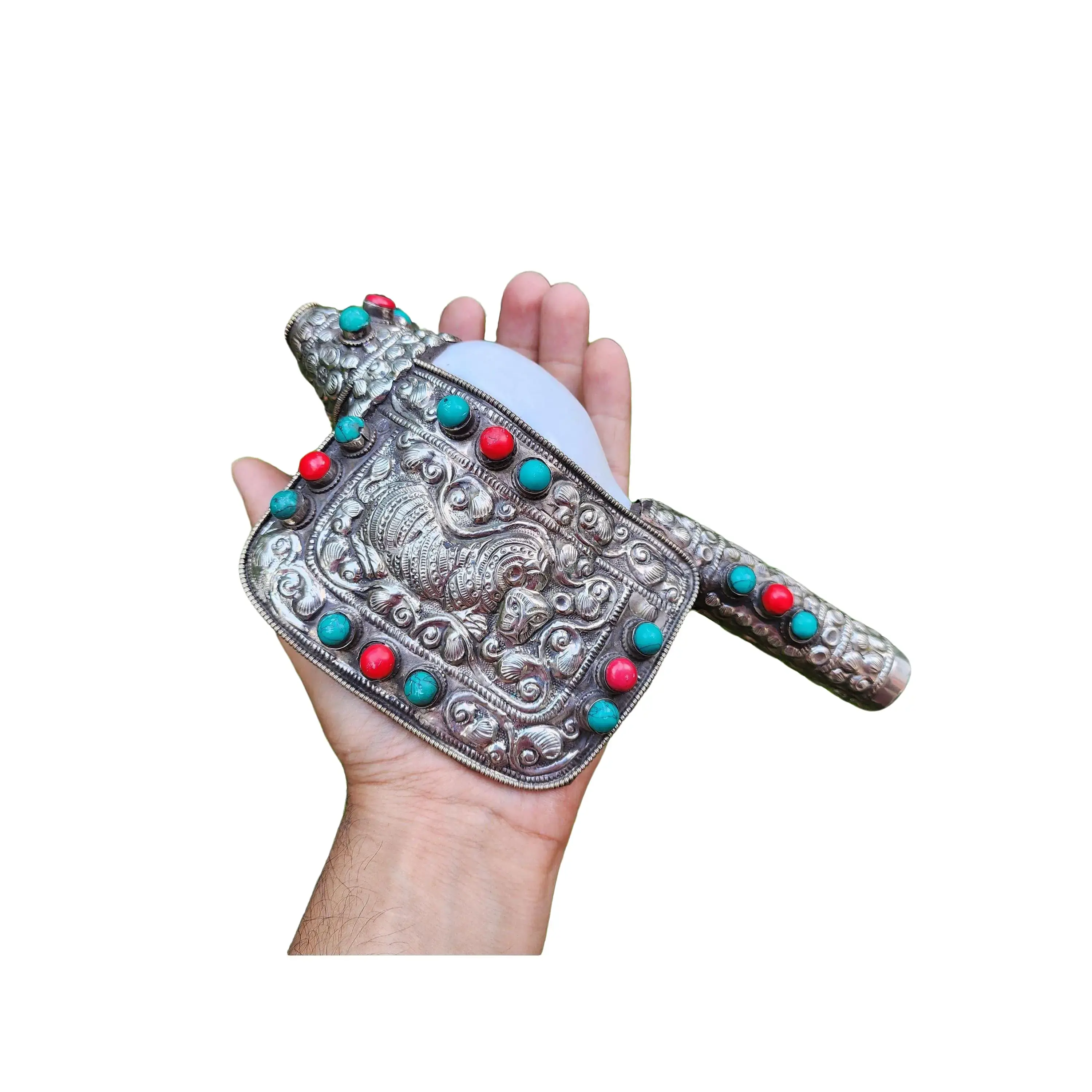Tibetan Vajra Conch Shell – Sacred Blowing Sankha With Intricate Handcrafted Artistry