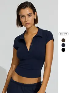 Women's Solid Color Partial Button Collared Polo Shirt, Casual Short Sleeve Top for Daily Wear, Ladies Clothes for All Seasons