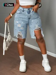 Women's New Fashion Denim Light Wash Mid-Thigh Pants, Fitted Jean Button Casual, Multiple Colors Available, Ripped Design, Rhinestone Craftsmanship, Washed Trendy Women's Mid-Thigh Pants