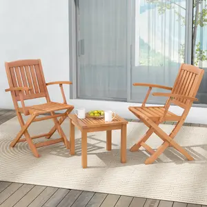 COSTWAY - 3 PCS Eucalyptus Wood Patio Bistro Set with 2 Folding Arm Chairs