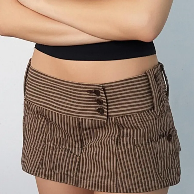 Women's Striped Print 2 in 1 Button Fly Skirt, Y2K Casual Fashion Mini Skirt for Daily Wear, Ladies Bottoms for All Seasons Womenswear, Striped Fitted Skirt, Slim Fitting Skirt