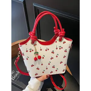 1PC Cute Y2K PU Leather Bucket Cherry Print Crossbody Bag Women Small Tote Handbag Gift