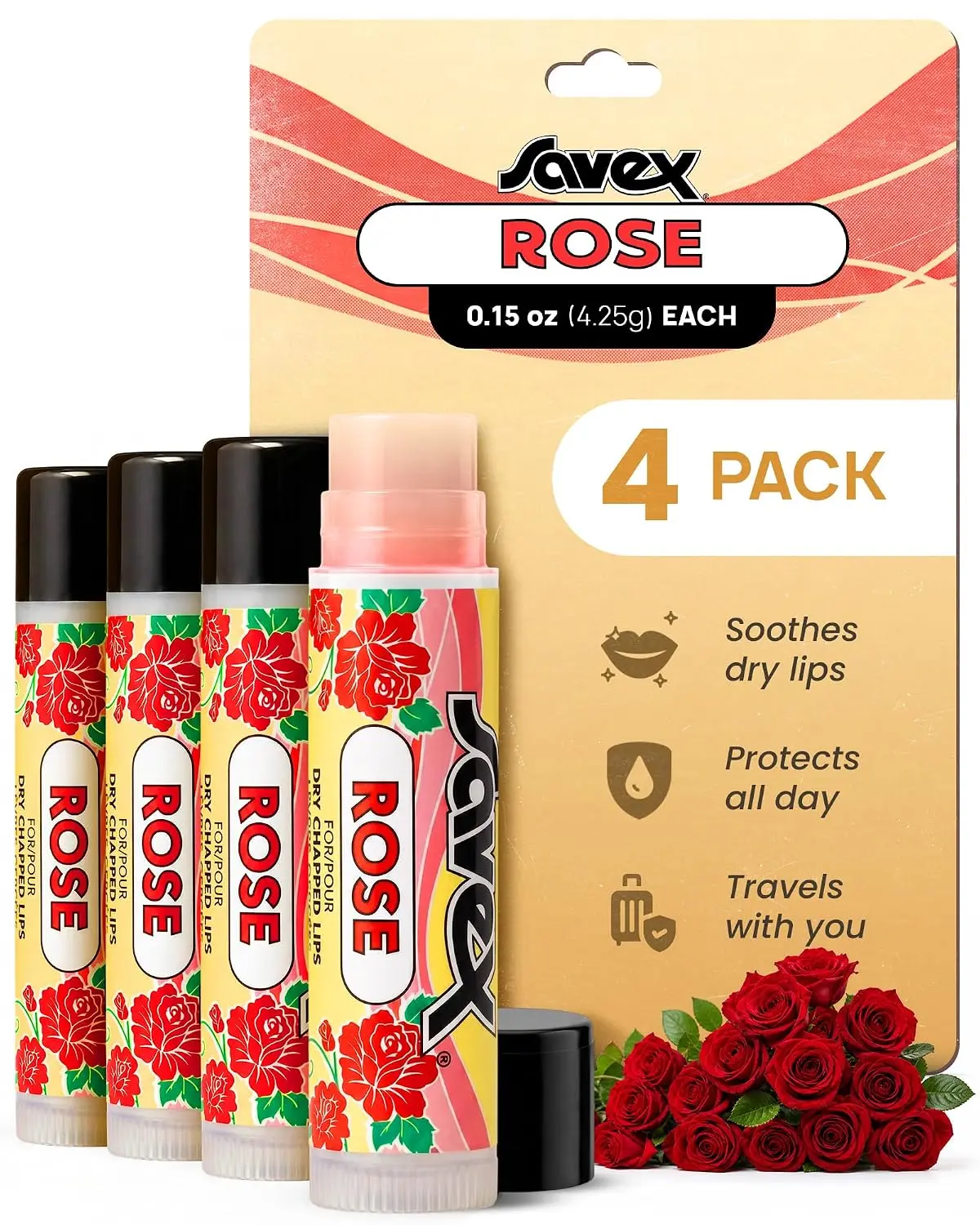 SAVEX Rose Moisturizing Lip Balm - Dry Lip Treatment, 4-Pack 0.15 oz Sticks